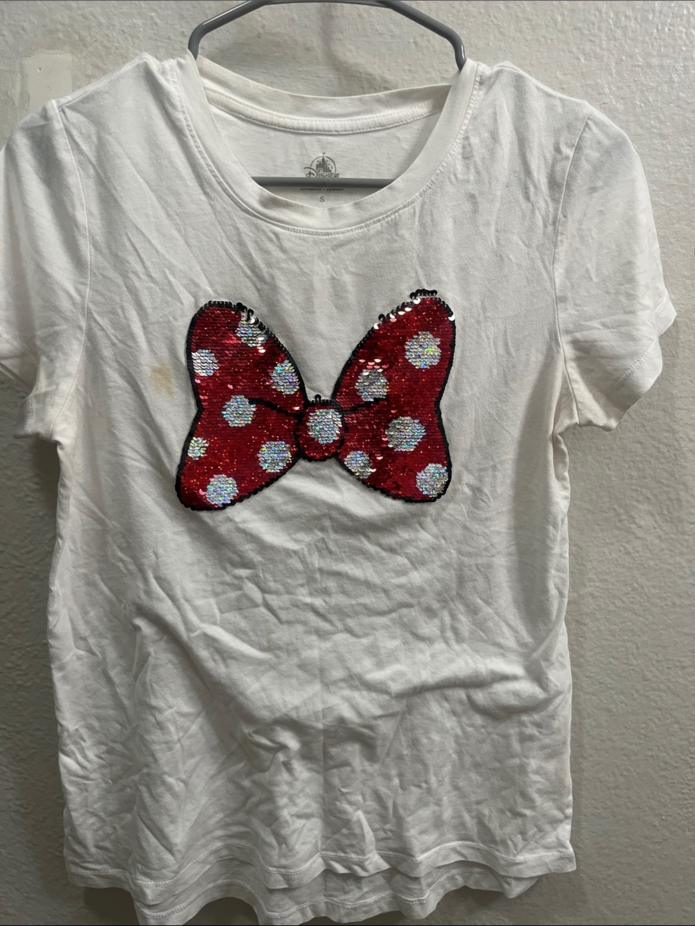 Disney White Tee with Red Sequin Polka Dot Bow